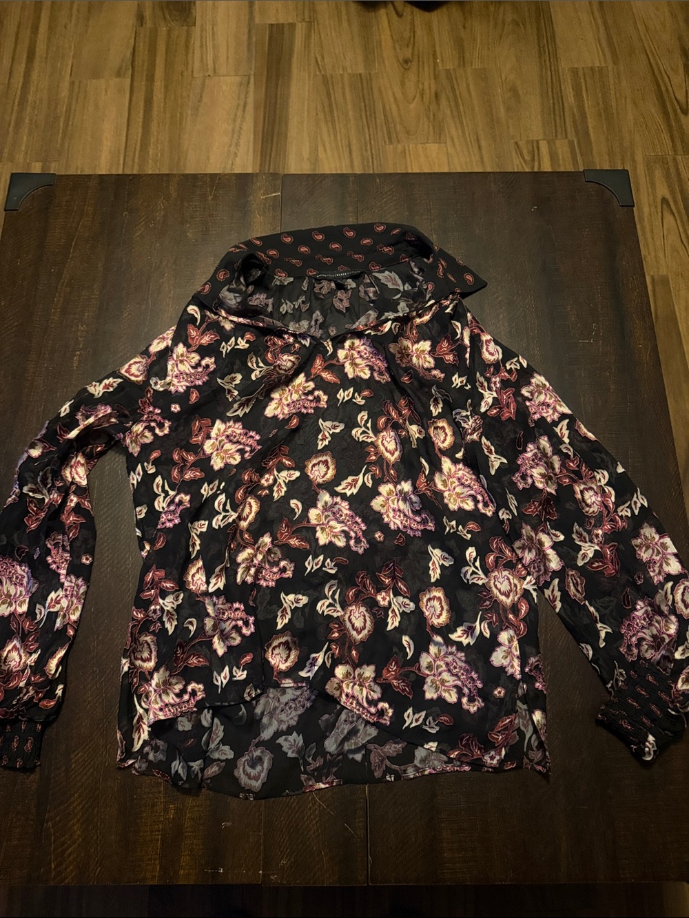 White House Black Market Black Blouse with maroon and khaki Paisley